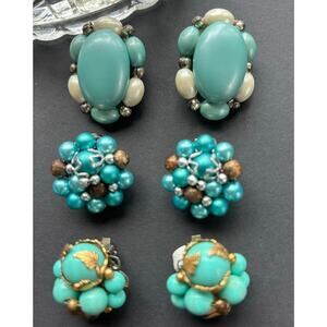 3 PAIRS  Vintage Blue Beaded Clip On earrings  MCM 1950's